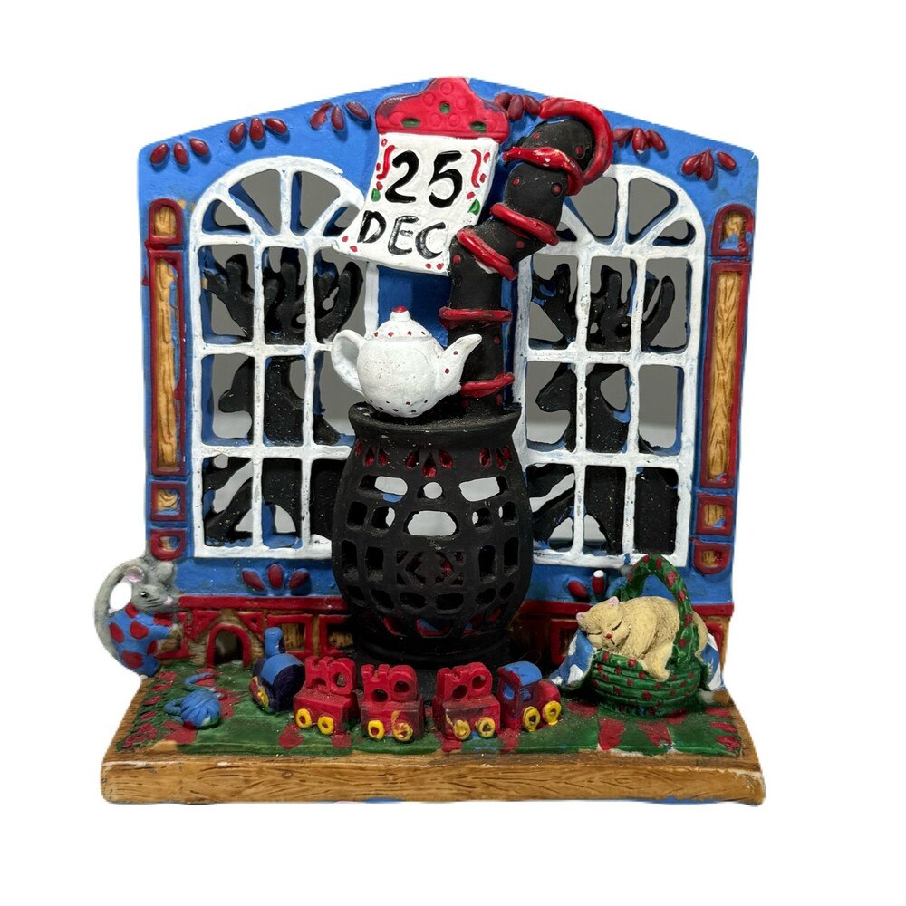 Vintage Christmas Tealight Candle Holder Dec 25 Cat Mouse Toy Train 5.5"